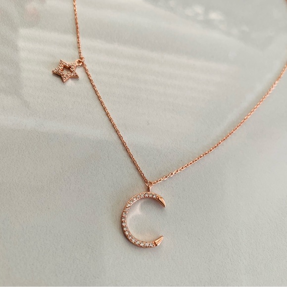 Rose Gold & .925 Sterling Silver Star & Crescent Moon Celestial Necklace - Picture 2 of 6